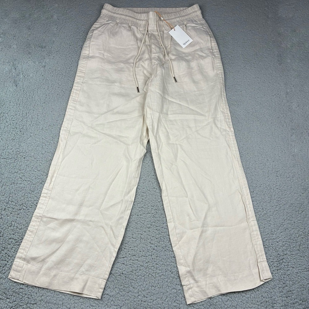 Quince European Linen Smocked Waist Straight Leg Pants Women's Large Beige NWT